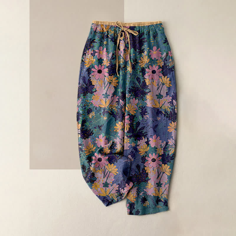 Buddha Stones Colorful Floral Print Pure Cotton Women's Elastic Waist Pants With Pockets - DarkCyan - US16，UK/AU20，EU48 (3XL) - image 0