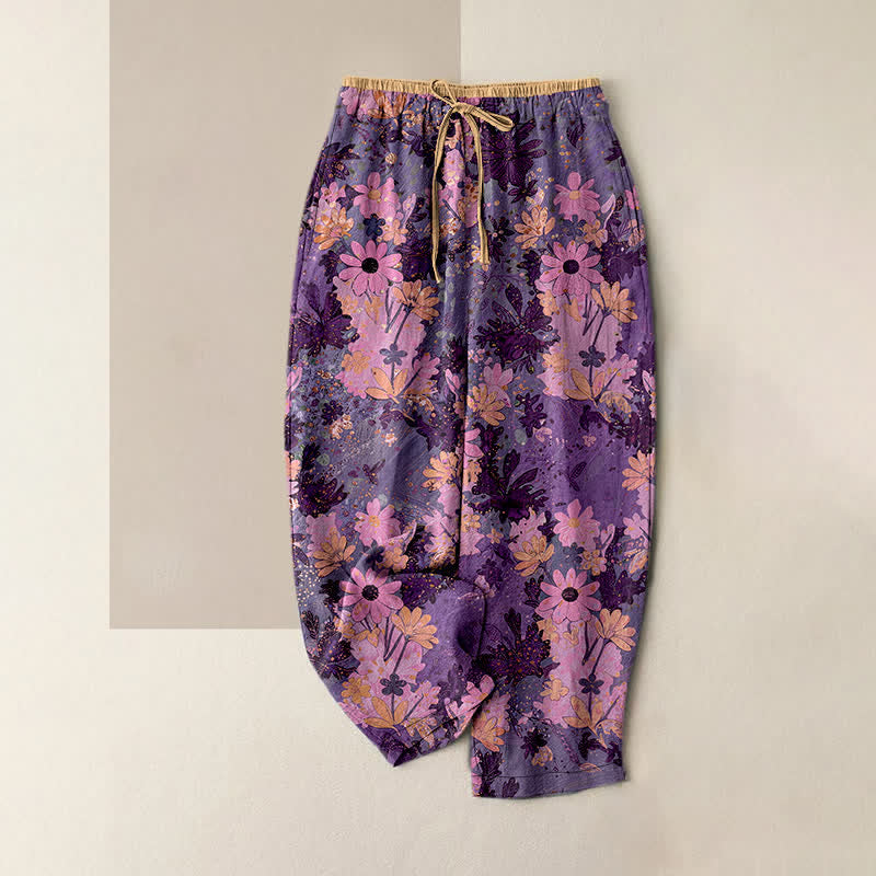 Buddha Stones Colorful Floral Print Pure Cotton Women's Elastic Waist Pants With Pockets - DarkOrchid - US16，UK/AU20，EU48 (3XL) - image 4