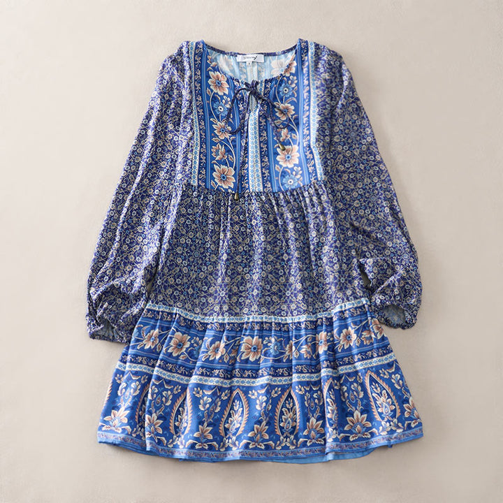 Buddha Stones Fall Boho Floral Paisley Cotton Bracelet Sleeve Women's Mini Dress with Puff Sleeves and Tie Neck - image 0