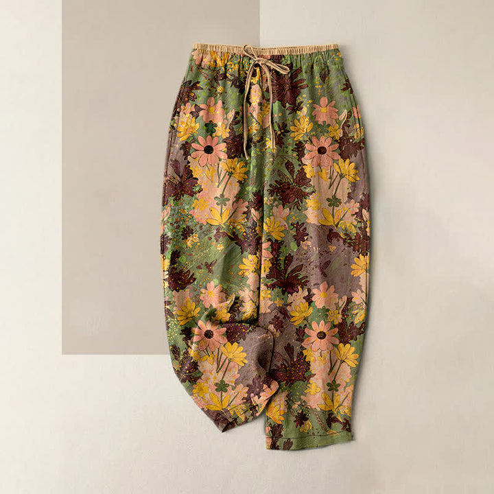 Buddha Stones Colorful Floral Print Pure Cotton Women's Elastic Waist Pants With Pockets - OliveDrab - US16，UK/AU20，EU48 (3XL) - image 5