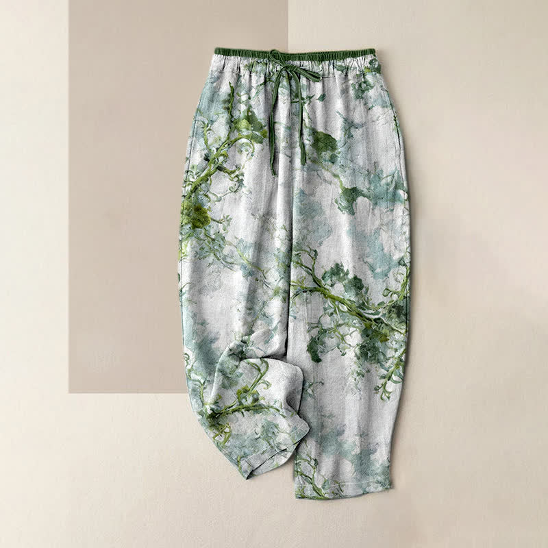 Buddha Stones Print Branches Floral Elements Women's Pure Cotton Pants With Pockets - Teal - US16，UK/AU20，EU48 (3XL) - image 0