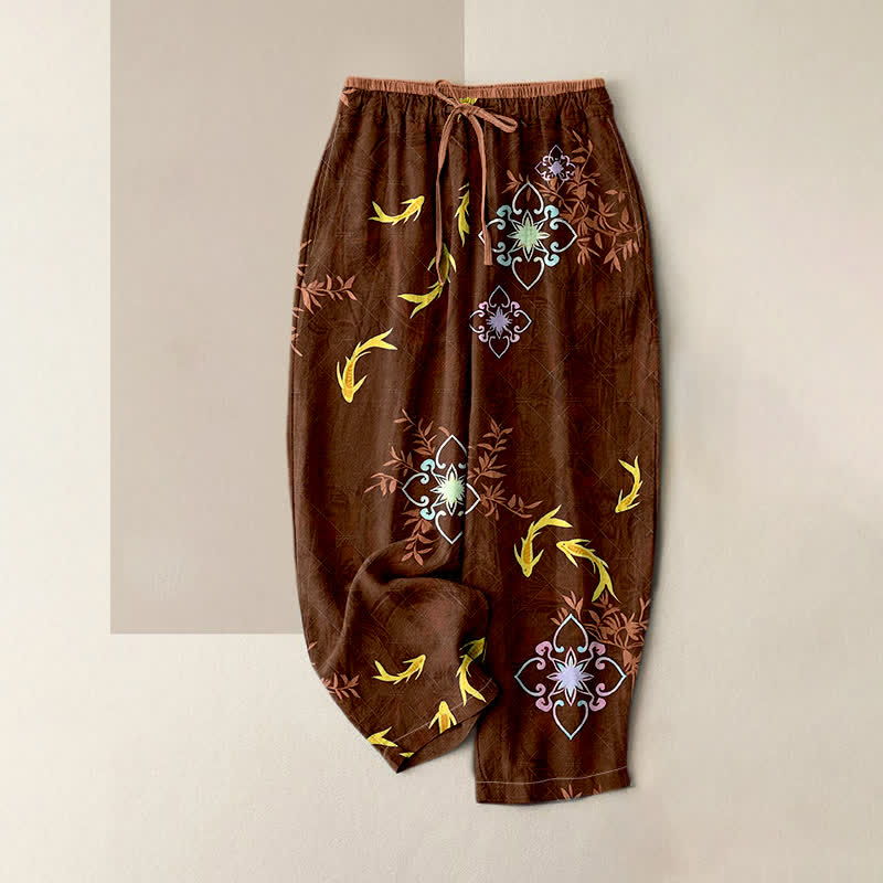 Buddha Stones Koi Fish Print Geometric Pattern Cotton Drawstring Women's Pants With Pockets - SaddleBrown - US16，UK/AU20，EU48 (3XL) - image 3