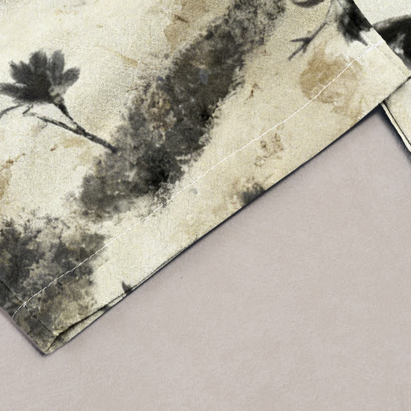 Buddha Stones Ink Wash Painting Floral Elastic Drawstring Women's Pure Cotton Pants With Pockets - image 1