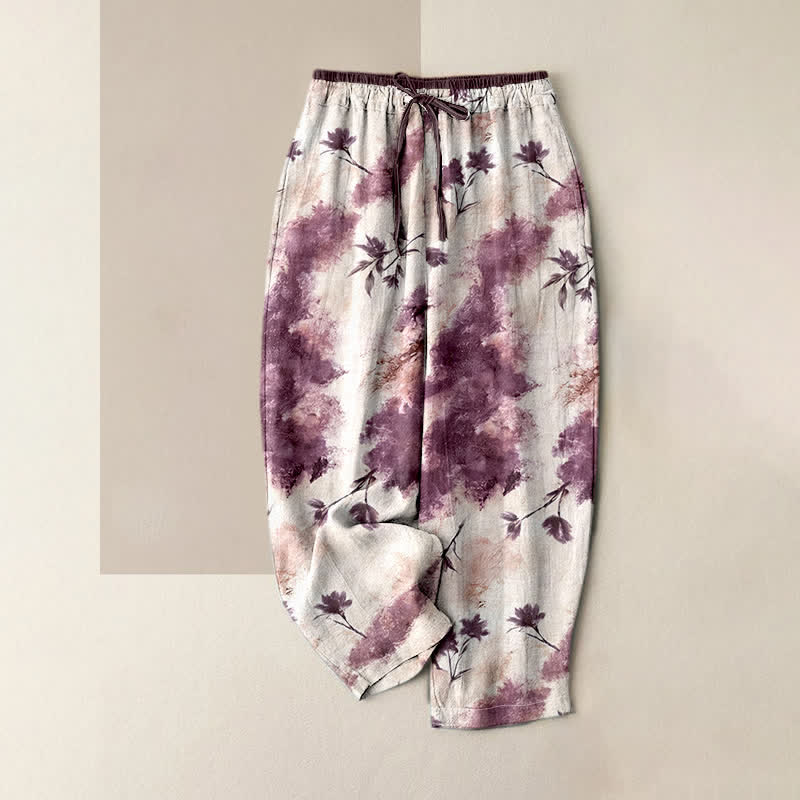 Buddha Stones Ink Wash Painting Floral Elastic Drawstring Women's Pure Cotton Pants With Pockets - PaleVioletRed - US16，UK/AU20，EU48 (3XL) - image 6