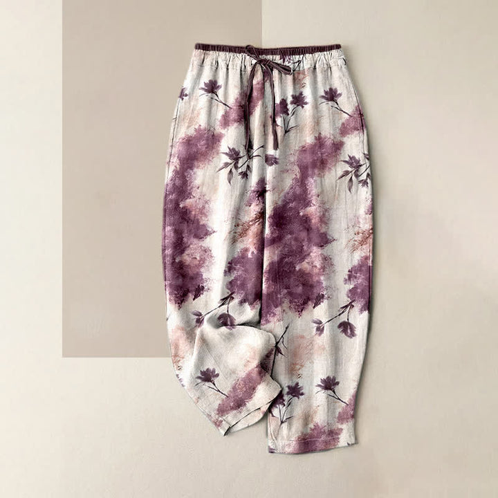Buddha Stones Ink Wash Painting Floral Elastic Drawstring Women's Pure Cotton Pants With Pockets - PaleVioletRed - US16，UK/AU20，EU48 (3XL) - image 6