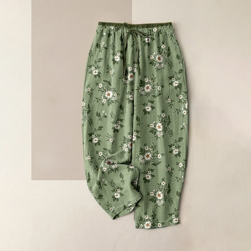 Buddha Stones Pure Cotton Ditsy Floral Elastic Waist Women's Pants With Pockets - DarkSeaGreen - US16，UK/AU20，EU48 (3XL) - image 0