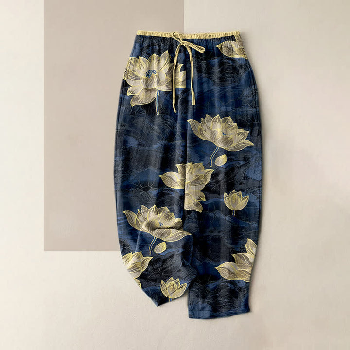 Buddha Stones Lotus Pattern Pure Cotton Elastic Waist Women's Pants With Pockets - DarkBlue - US16，UK/AU20，EU48 (3XL) - image 0