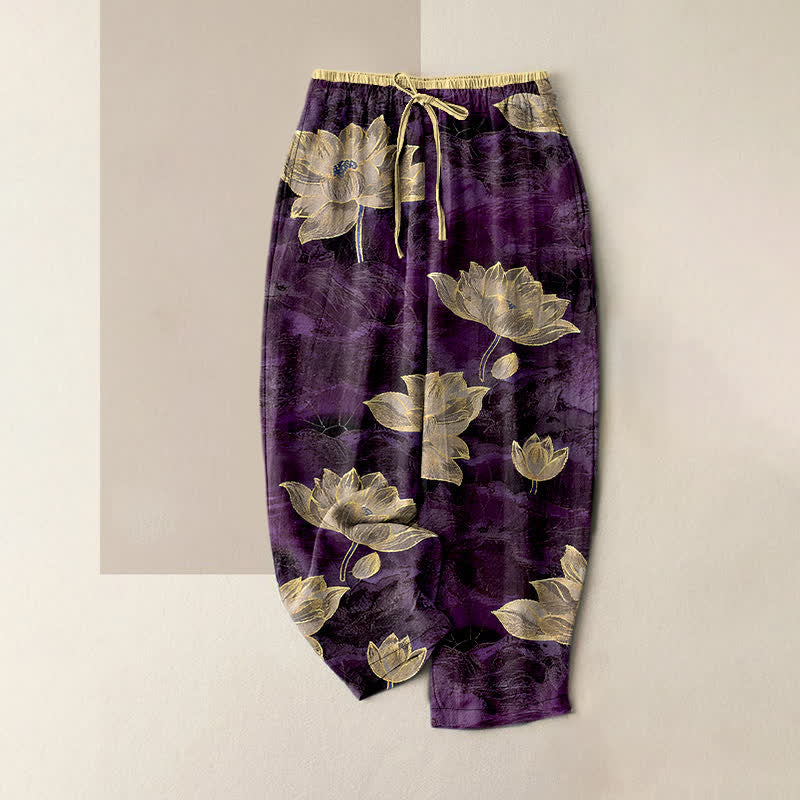 Buddha Stones Lotus Pattern Pure Cotton Elastic Waist Women's Pants With Pockets - Purple - US16，UK/AU20，EU48 (3XL) - image 4