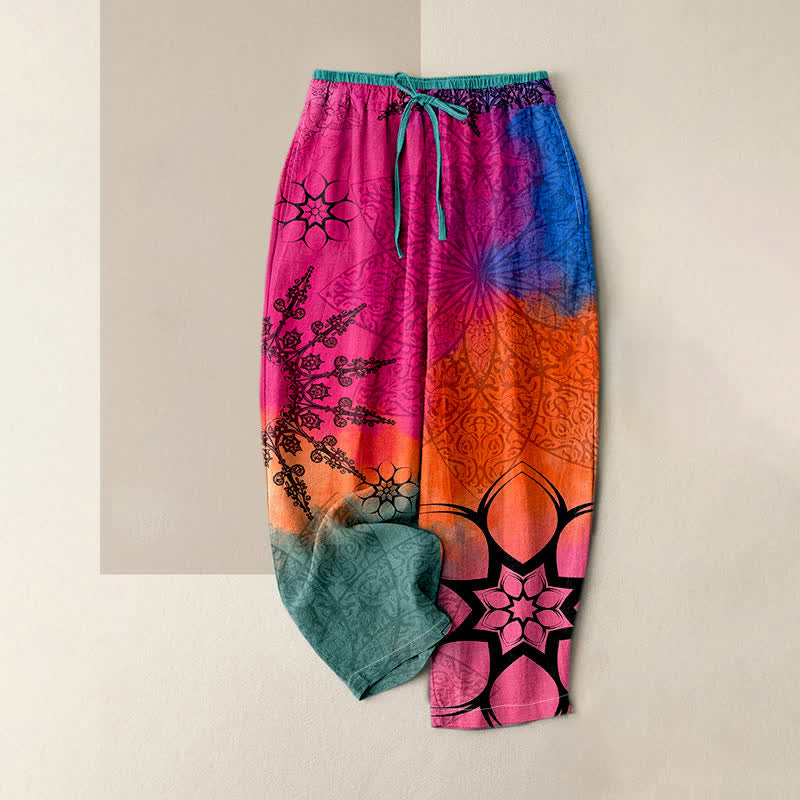 Buddha Stones Cotton Print Gradient Mandala Elastic Waist Women's Pants With Pockets - DeepPink - US16，UK/AU20，EU48 (3XL) - image 3
