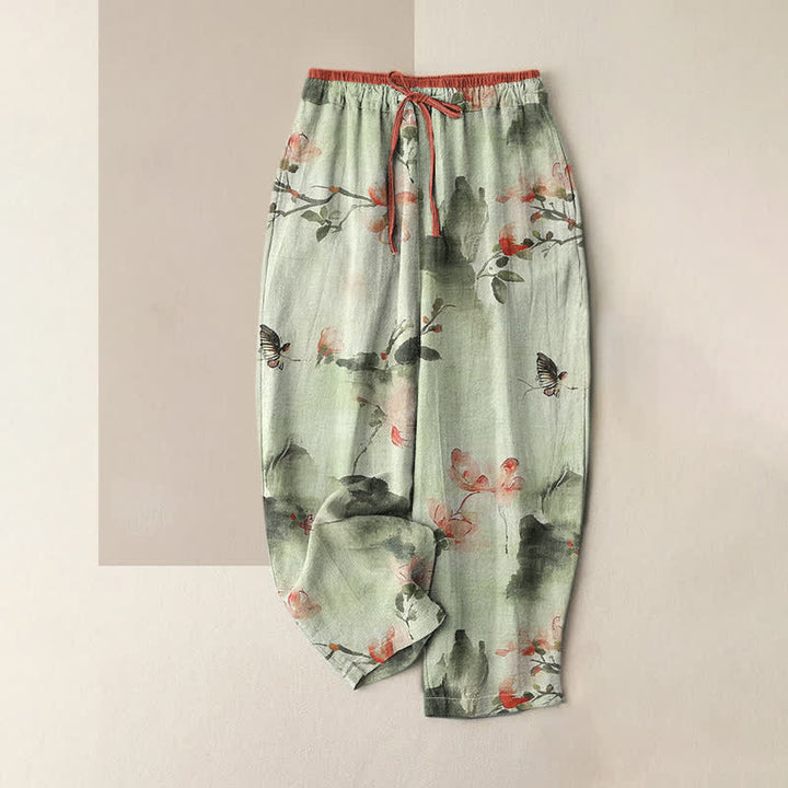 Buddha Stones Pure Cotton Butterfly Flowers Pattern Print Women's Pants With Pockets - Honeydew - US16，UK/AU20，EU48 (3XL) - image 3