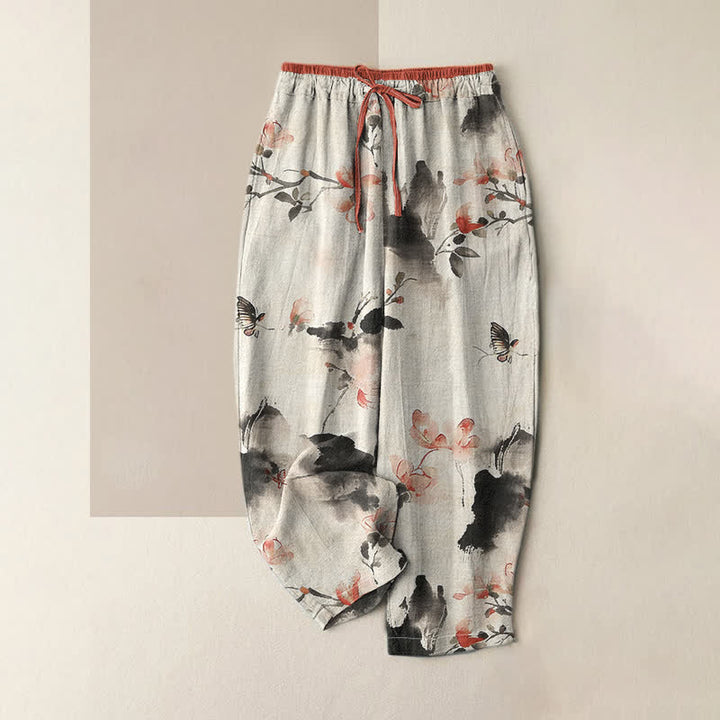 Buddha Stones Pure Cotton Butterfly Flowers Pattern Print Women's Pants With Pockets - Gainsboro - US16，UK/AU20，EU48 (3XL) - image 6