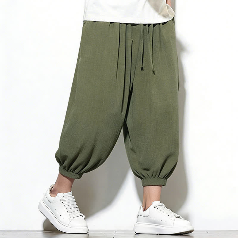 Buddha Stones Spring Solid Color Drawstring Elastic Design Men's Harem Capri Pants - image 6