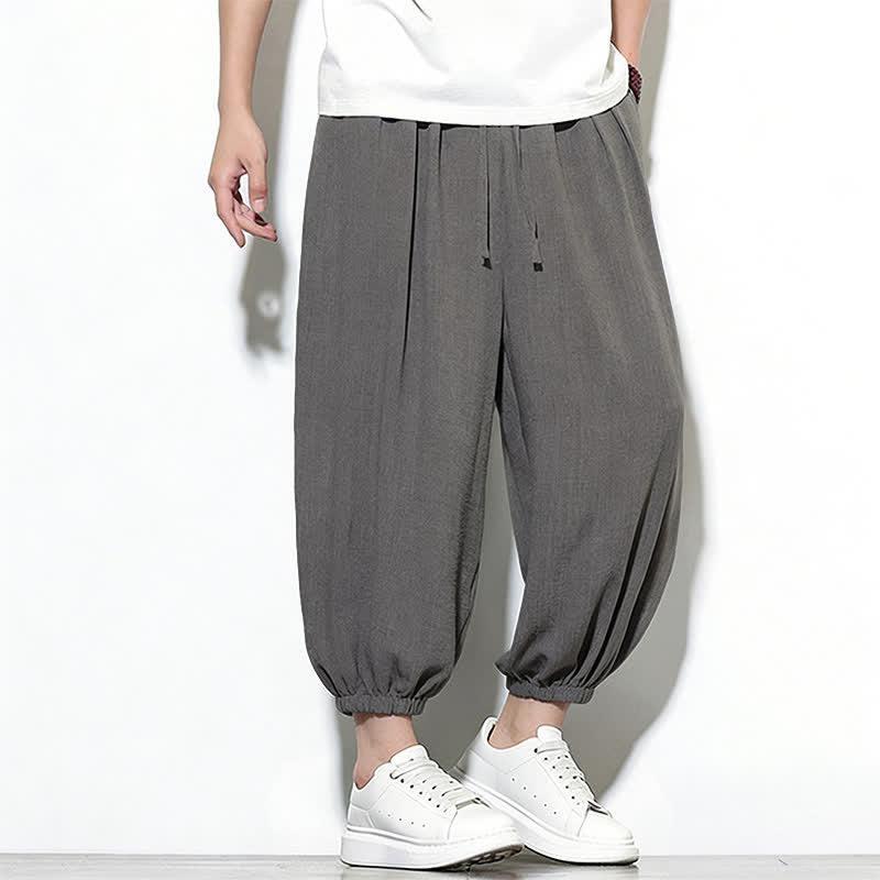 Buddha Stones Spring Solid Color Drawstring Elastic Design Men's Harem Capri Pants - image 17