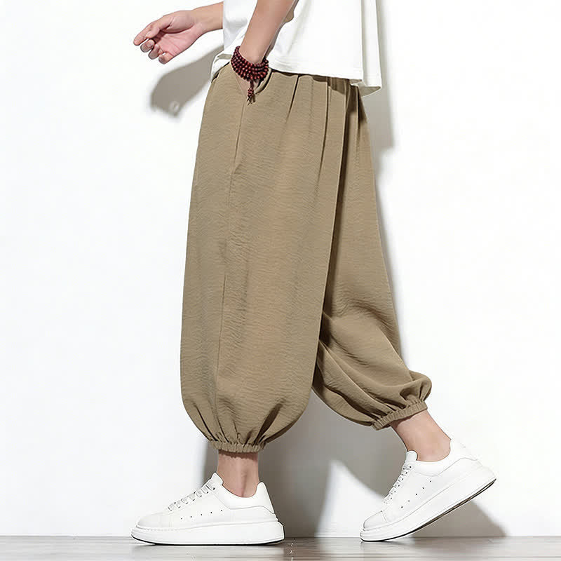 Buddha Stones Spring Solid Color Drawstring Elastic Design Men's Harem Capri Pants - image 30