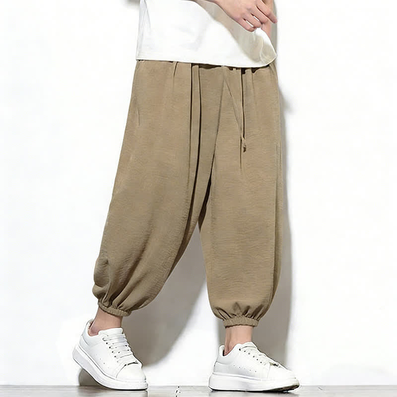 Buddha Stones Spring Solid Color Drawstring Elastic Design Men's Harem Capri Pants - image 33