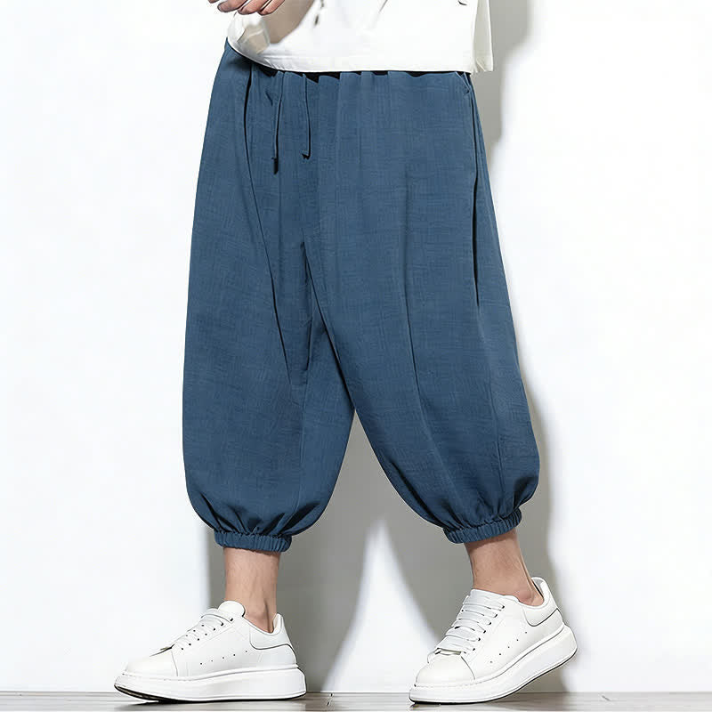 Buddha Stones Spring Solid Color Drawstring Elastic Design Men's Harem Capri Pants - image 41