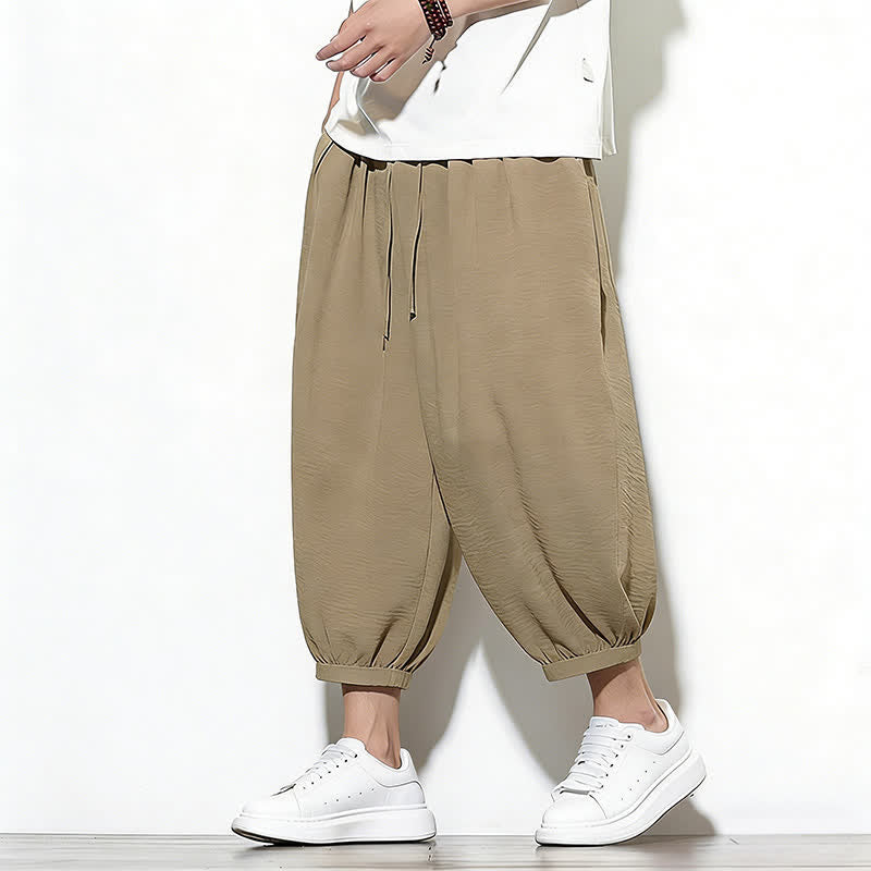 Buddha Stones Spring Solid Color Drawstring Elastic Design Men's Harem Capri Pants - Tan - US/UK/AU46，EU56 (5XL) - image 28