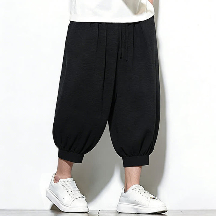 Buddha Stones Spring Solid Color Drawstring Elastic Design Men's Harem Capri Pants - image 25