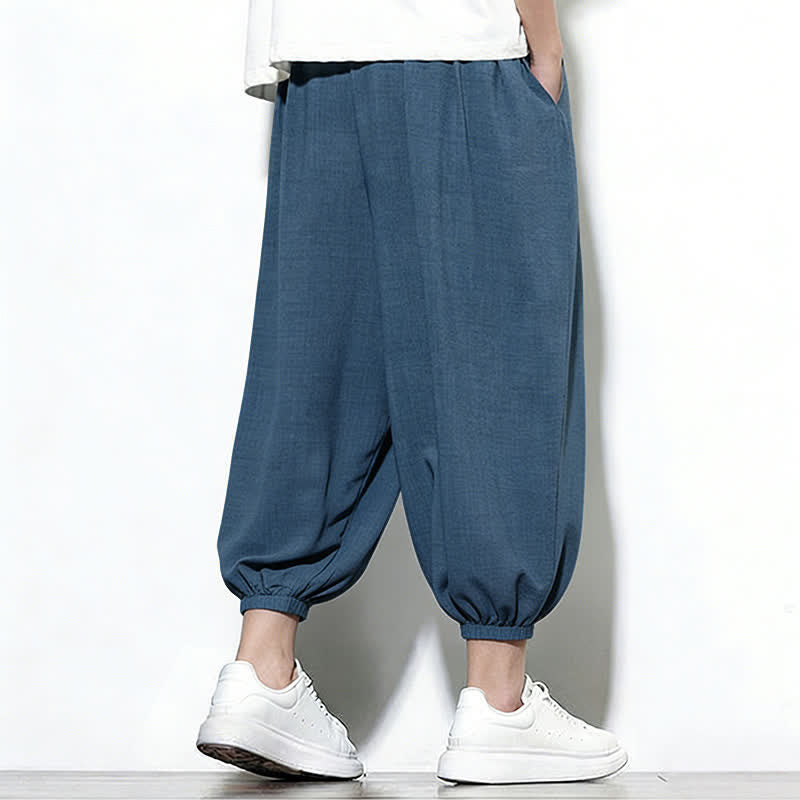 Buddha Stones Spring Solid Color Drawstring Elastic Design Men's Harem Capri Pants - image 42