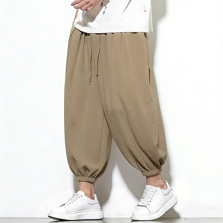 Buddha Stones Spring Solid Color Drawstring Elastic Design Men's Harem Capri Pants - image 32