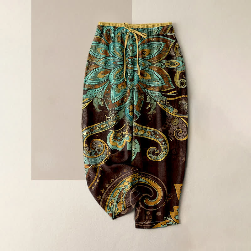 Buddha Stones Cotton Paisley Mandala Pattern Elastic Waist Women's Pants With Pockets - SaddleBrown - US16，UK/AU20，EU48 (3XL) - image 3