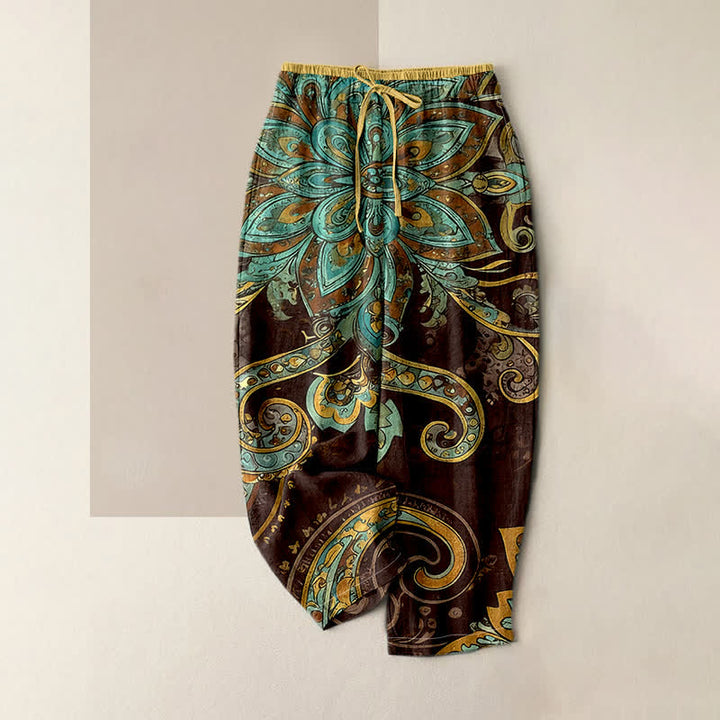 Buddha Stones Cotton Paisley Mandala Pattern Elastic Waist Women's Pants With Pockets - SaddleBrown - US16，UK/AU20，EU48 (3XL) - image 3