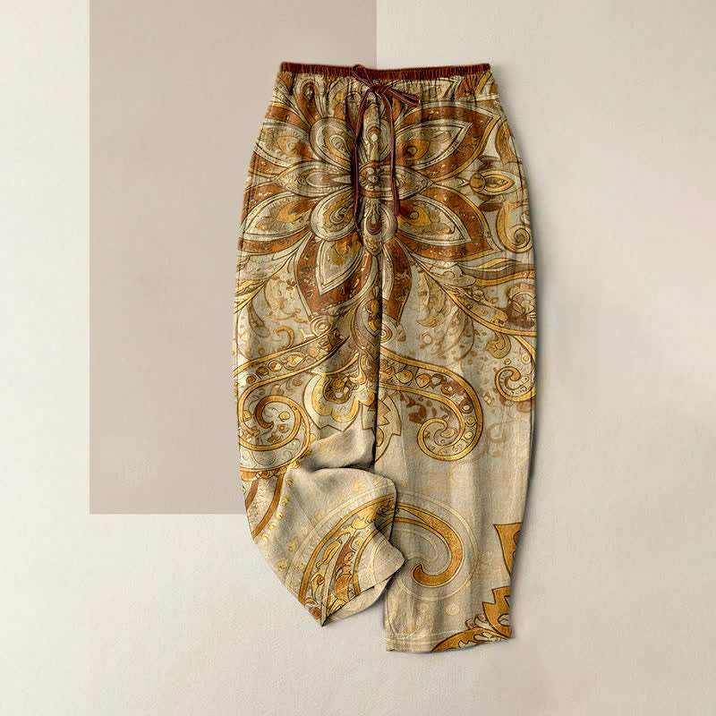 Buddha Stones Cotton Paisley Mandala Pattern Elastic Waist Women's Pants With Pockets - PaleGoldenrod - US16，UK/AU20，EU48 (3XL) - image 6