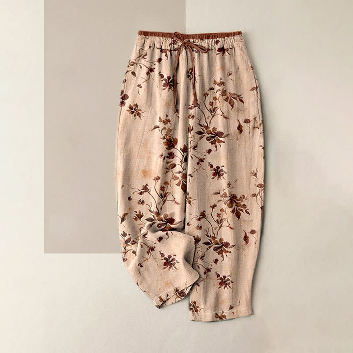 Buddha Stones Pure Cotton Retro Branch Flowers Pattern Elastic Waist Women's Pants With Pockets - PeachPuff - US16，UK/AU20，EU48 (3XL) - image 6