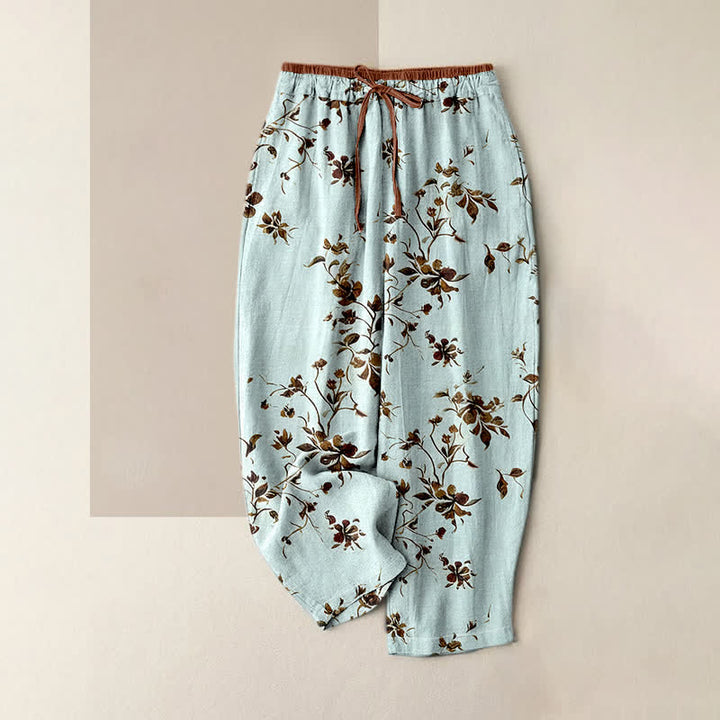 Buddha Stones Pure Cotton Retro Branch Flowers Pattern Elastic Waist Women's Pants With Pockets - LightCyan - US16，UK/AU20，EU48 (3XL) - image 3