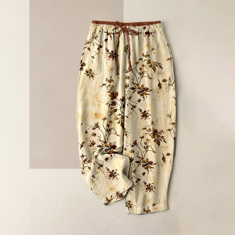 Buddha Stones Pure Cotton Retro Branch Flowers Pattern Elastic Waist Women's Pants With Pockets - LemonChiffon - US16，UK/AU20，EU48 (3XL) - image 0