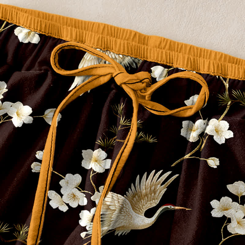 Buddha Stones Pure Cotton Crane Plum Blossom Elastic Waist Women's Pants With Pockets - image 5