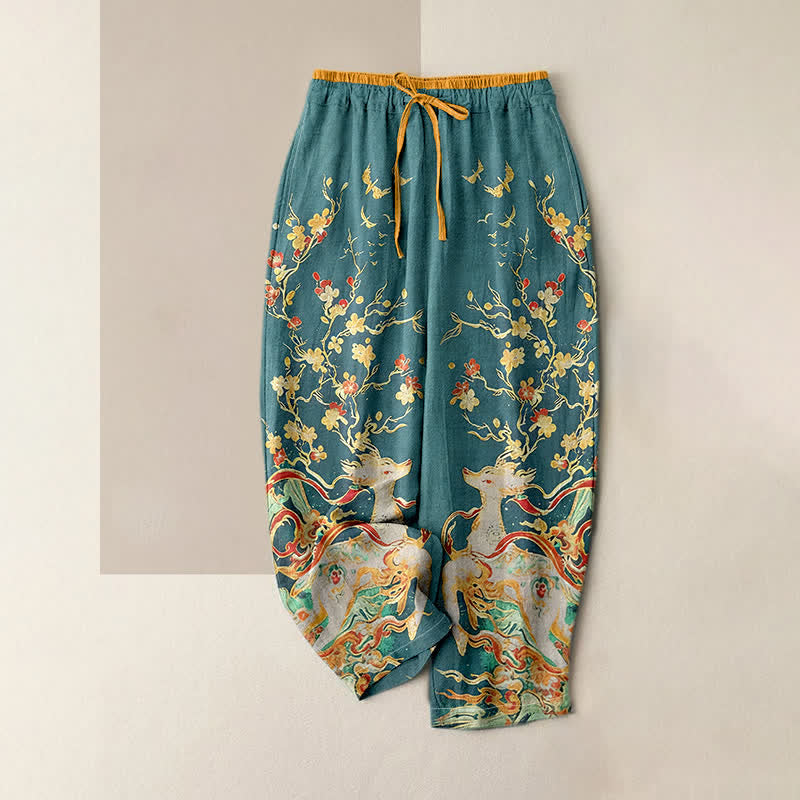 Buddha Stones Pure Cotton Plum Blossoms Deer Drawstring Women's Pants With Pockets - LightSeaGreen - US16，UK/AU20，EU48 (3XL) - image 3