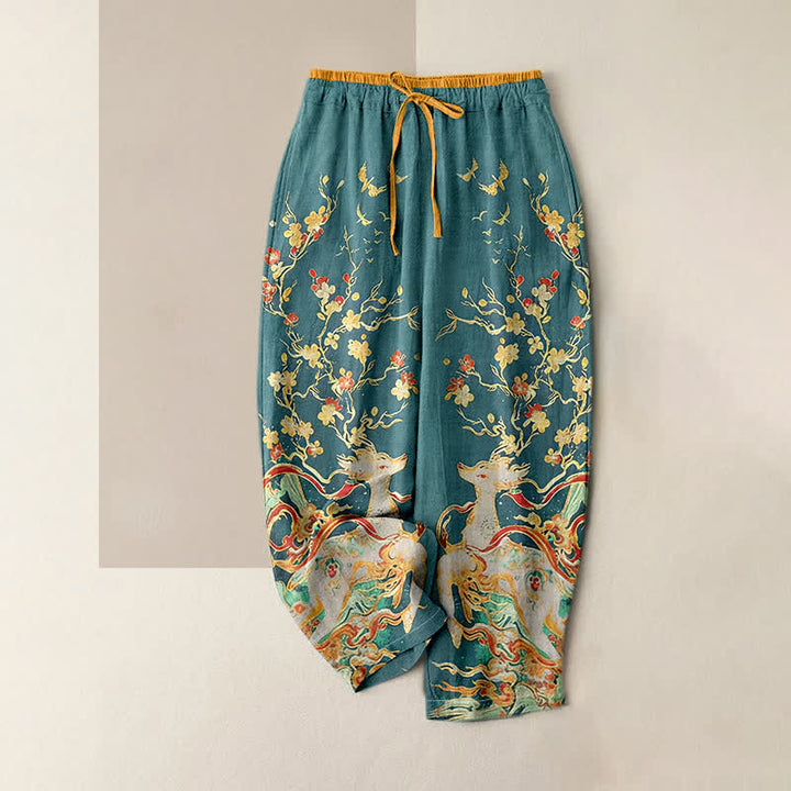 Buddha Stones Pure Cotton Plum Blossoms Deer Drawstring Women's Pants With Pockets - LightSeaGreen - US16，UK/AU20，EU48 (3XL) - image 3