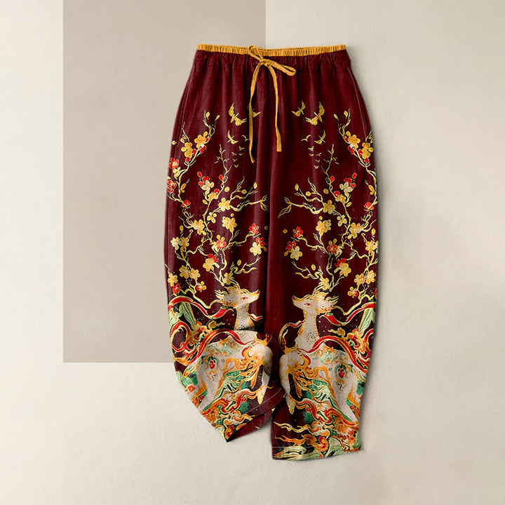 Buddha Stones Pure Cotton Plum Blossoms Deer Drawstring Women's Pants With Pockets - Maroon - US16，UK/AU20，EU48 (3XL) - image 6