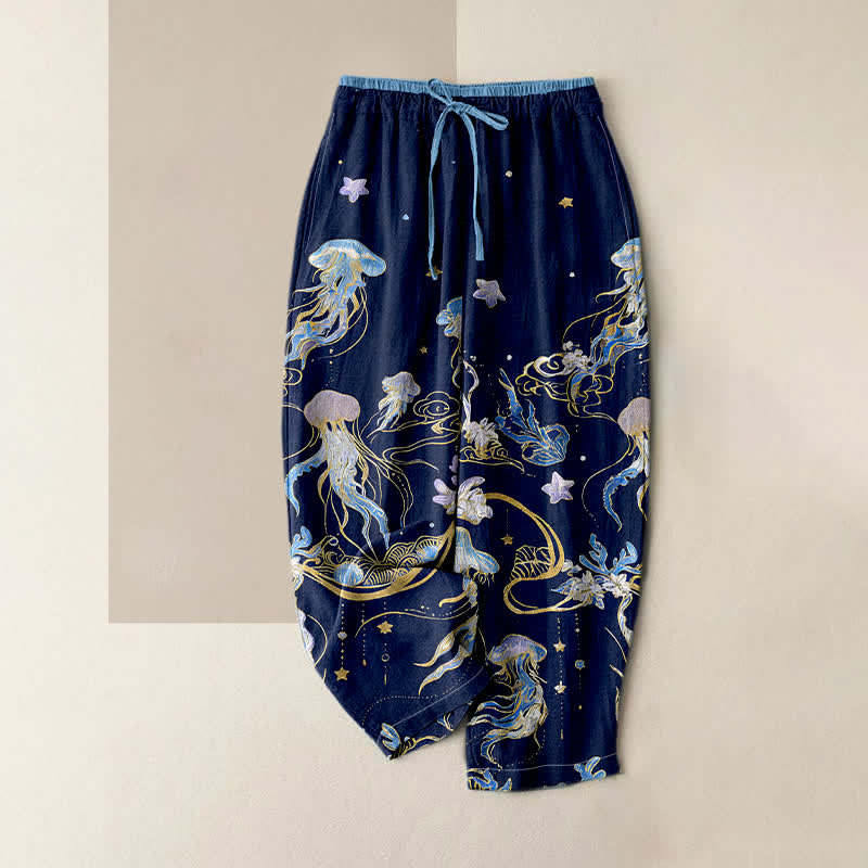 Buddha Stones Jellyfish Pattern Women's Pure Cotton Elastic Waist Pants With Pockets - Navy - US16，UK/AU20，EU48 (3XL) - image 0