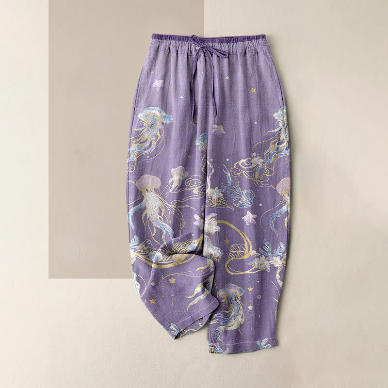Buddha Stones Jellyfish Pattern Women's Pure Cotton Elastic Waist Pants With Pockets - MediumOrchid - US16，UK/AU20，EU48 (3XL) - image 3