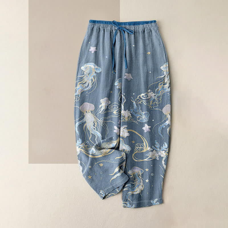 Buddha Stones Jellyfish Pattern Women's Pure Cotton Elastic Waist Pants With Pockets - LightSteelBlue - US16，UK/AU20，EU48 (3XL) - image 6