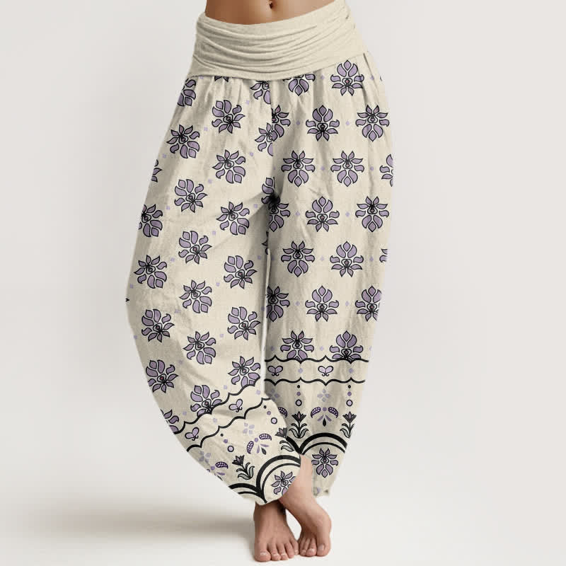 Buddha Stones Floral Pattern Pure Cotton Women's Harem Elastic High Waist Pants - Beige - US16，UK/AU20，EU48 (3XL) - image 5