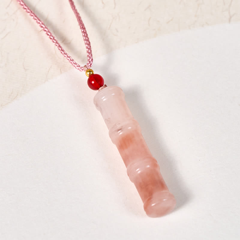 Buddha Stones Craved Bamboo Natural Pink Quartzite Jade Protection Necklace Pendant - image 2