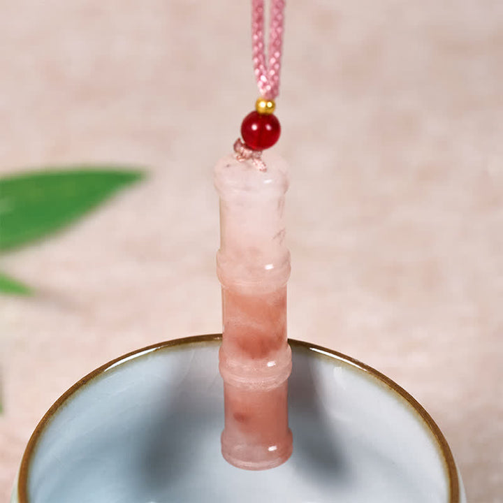 Buddha Stones Craved Bamboo Natural Pink Quartzite Jade Protection Necklace Pendant - image 3