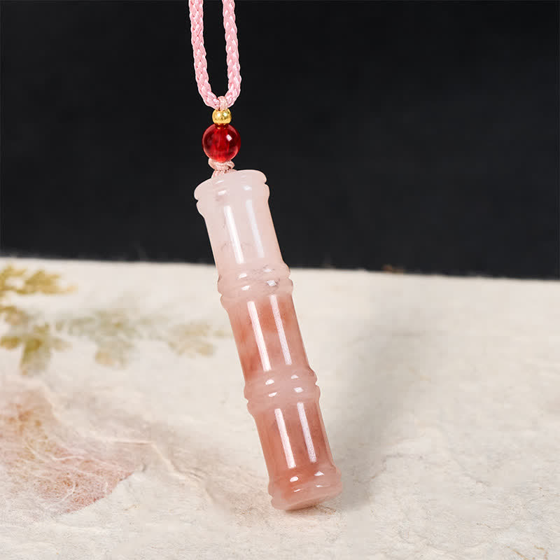 Buddha Stones Craved Bamboo Natural Pink Quartzite Jade Protection Necklace Pendant - image 1