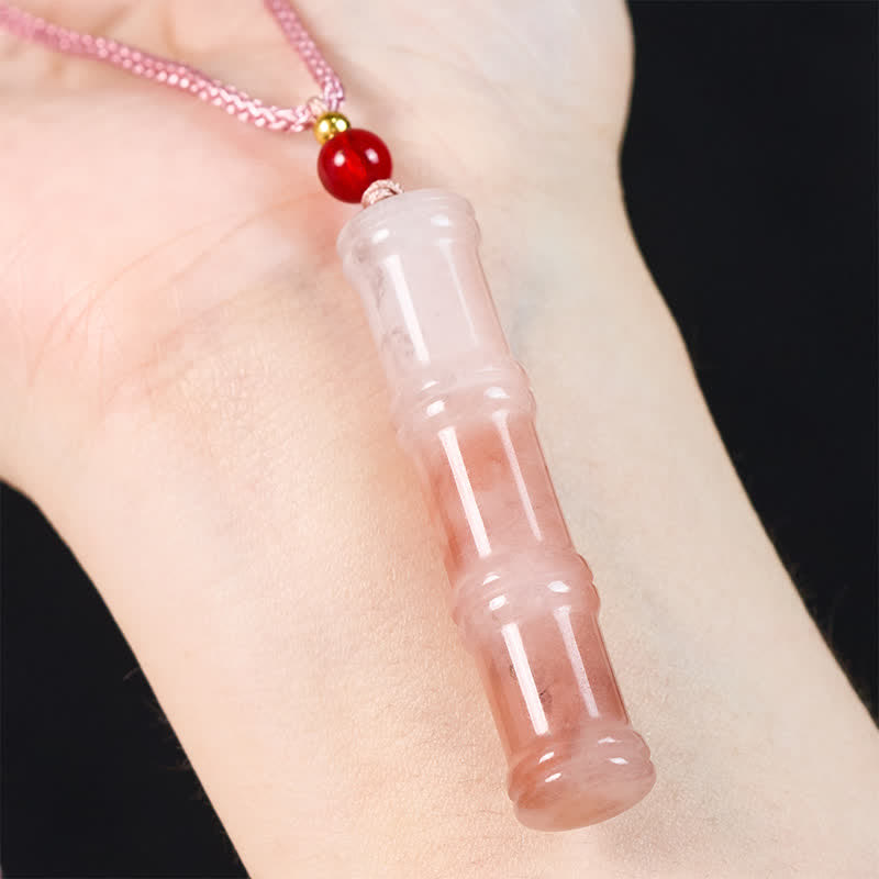 Buddha Stones Craved Bamboo Natural Pink Quartzite Jade Protection Necklace Pendant - image 6