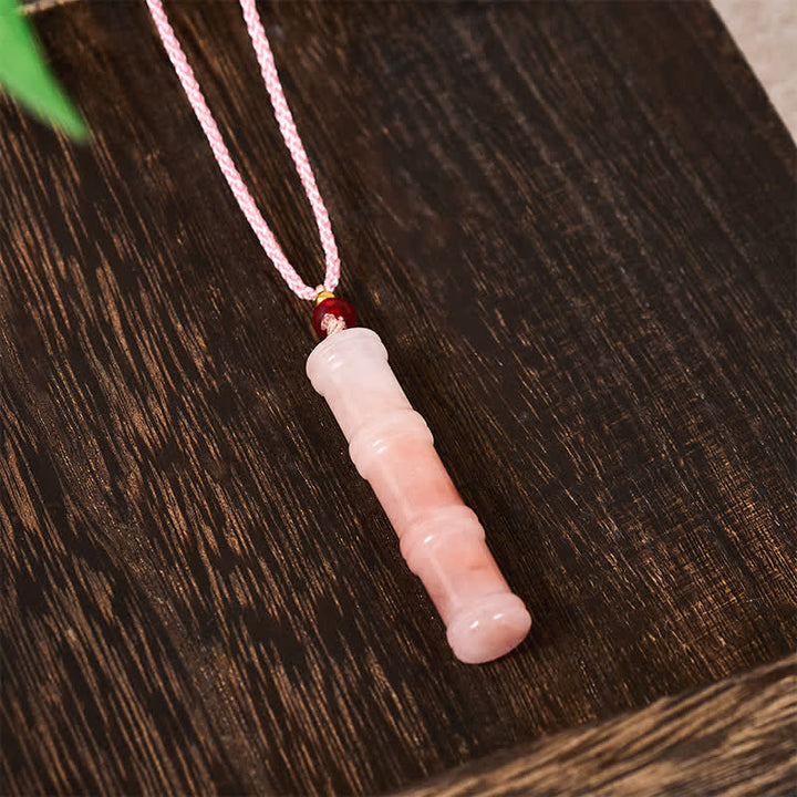 Buddha Stones Craved Bamboo Natural Pink Quartzite Jade Protection Necklace Pendant - image 4