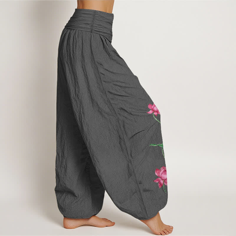 Buddha Stones Pure Cotton Lotus Flower Lotus Leaves Pattern Women's Harem Elastic Waist Pants  - image 10
