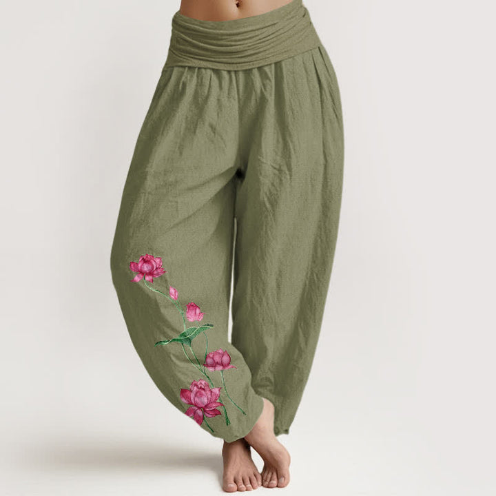 Buddha Stones Pure Cotton Lotus Flower Lotus Leaves Pattern Women's Harem Elastic Waist Pants  - OliveDrab - US16，UK/AU20，EU48 (3XL) - image 14