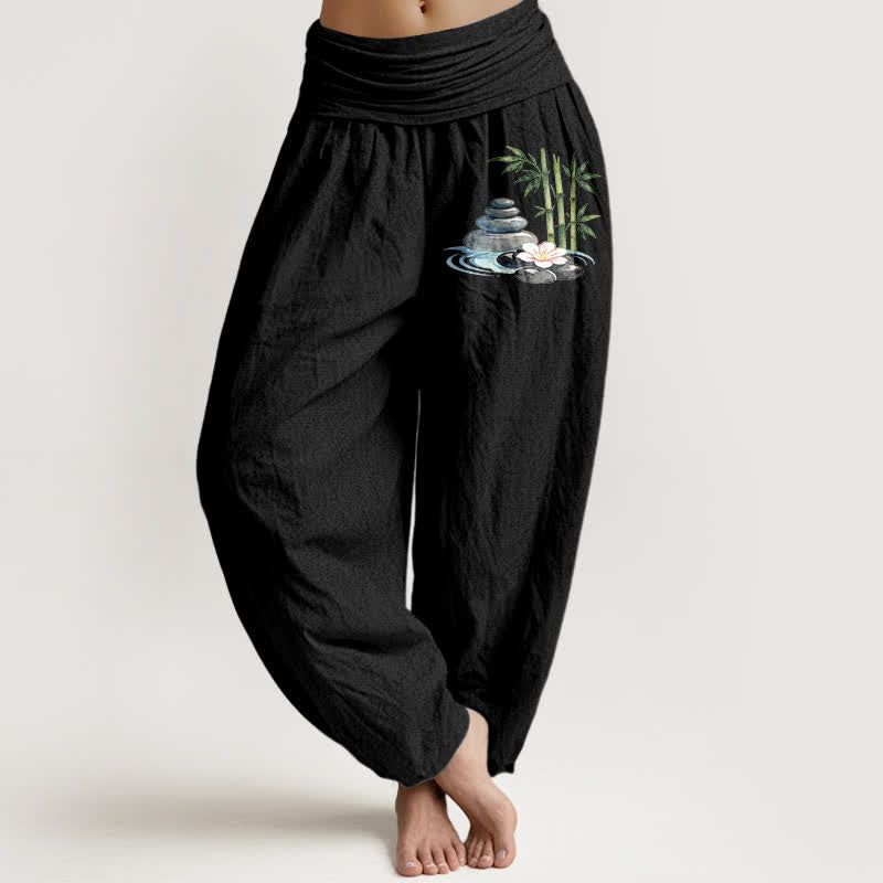 Buddha Stones Pure Cotton Bamboo Flower Stones High Waist Women's Harem Pants - Black - US16，UK/AU20，EU48 (3XL) - image 5