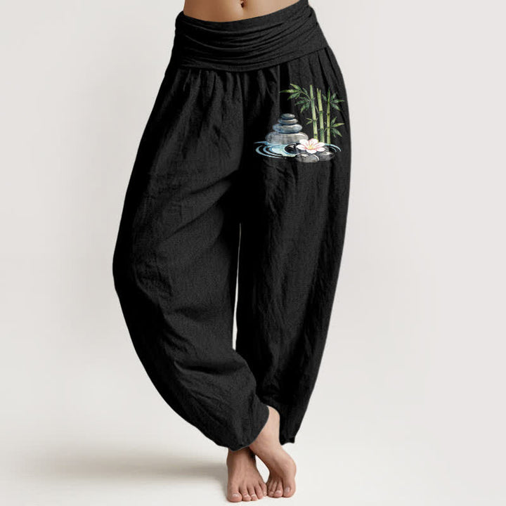 Buddha Stones Pure Cotton Bamboo Flower Stones High Waist Women's Harem Pants - Black - US16，UK/AU20，EU48 (3XL) - image 5