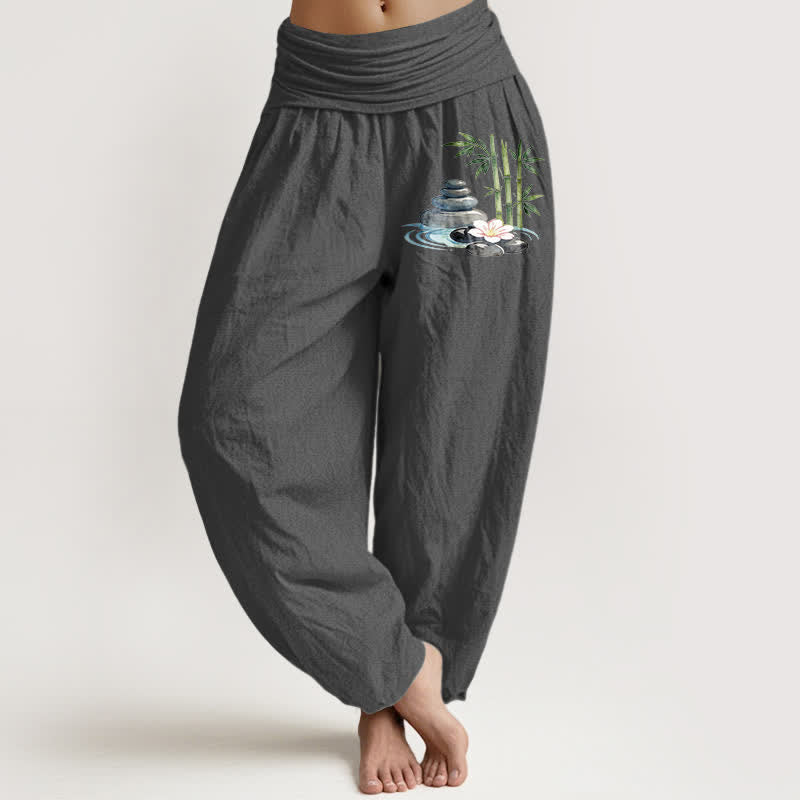 Buddha Stones Pure Cotton Bamboo Flower Stones High Waist Women's Harem Pants - DimGray - US16，UK/AU20，EU48 (3XL) - image 11