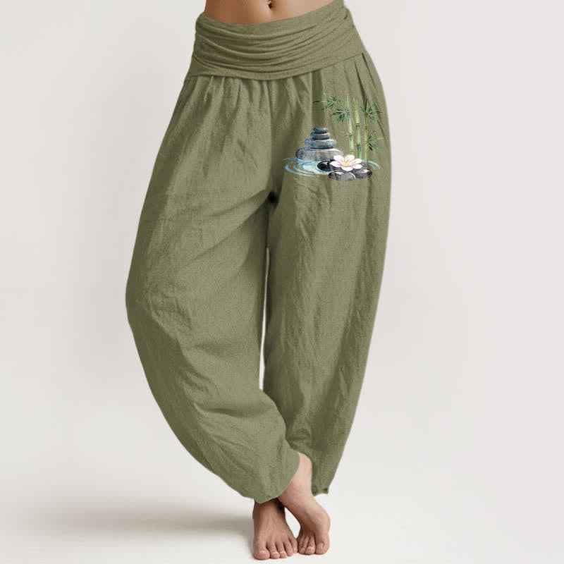 Buddha Stones Pure Cotton Bamboo Flower Stones High Waist Women's Harem Pants - OliveDrab - US16，UK/AU20，EU48 (3XL) - image 14