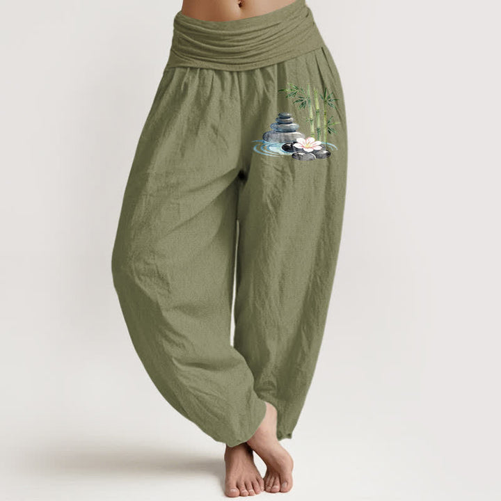 Buddha Stones Pure Cotton Bamboo Flower Stones High Waist Women's Harem Pants - OliveDrab - US16，UK/AU20，EU48 (3XL) - image 14